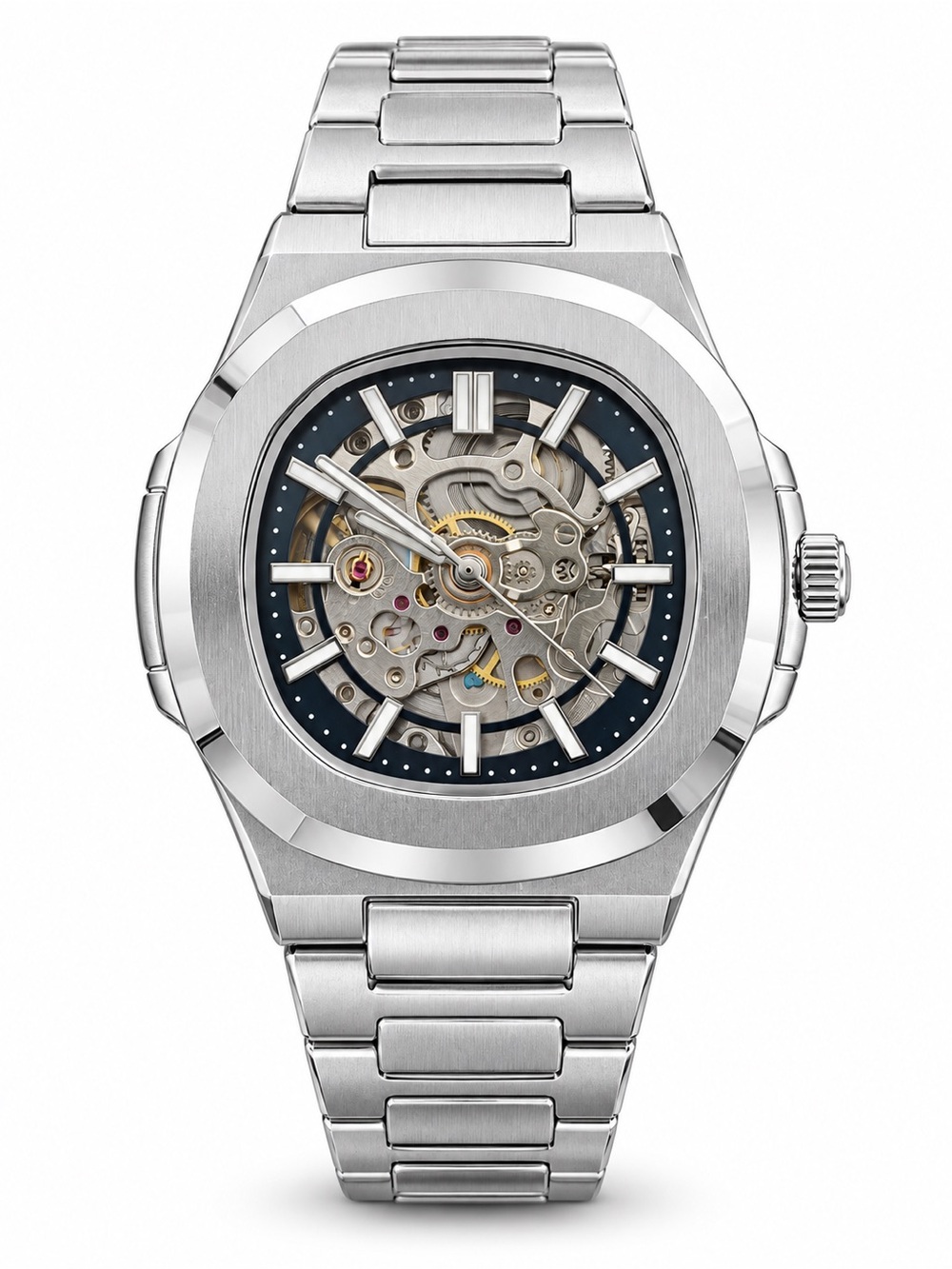 Men’s Silver Skeleton Watch Open Work Dial nautilus style